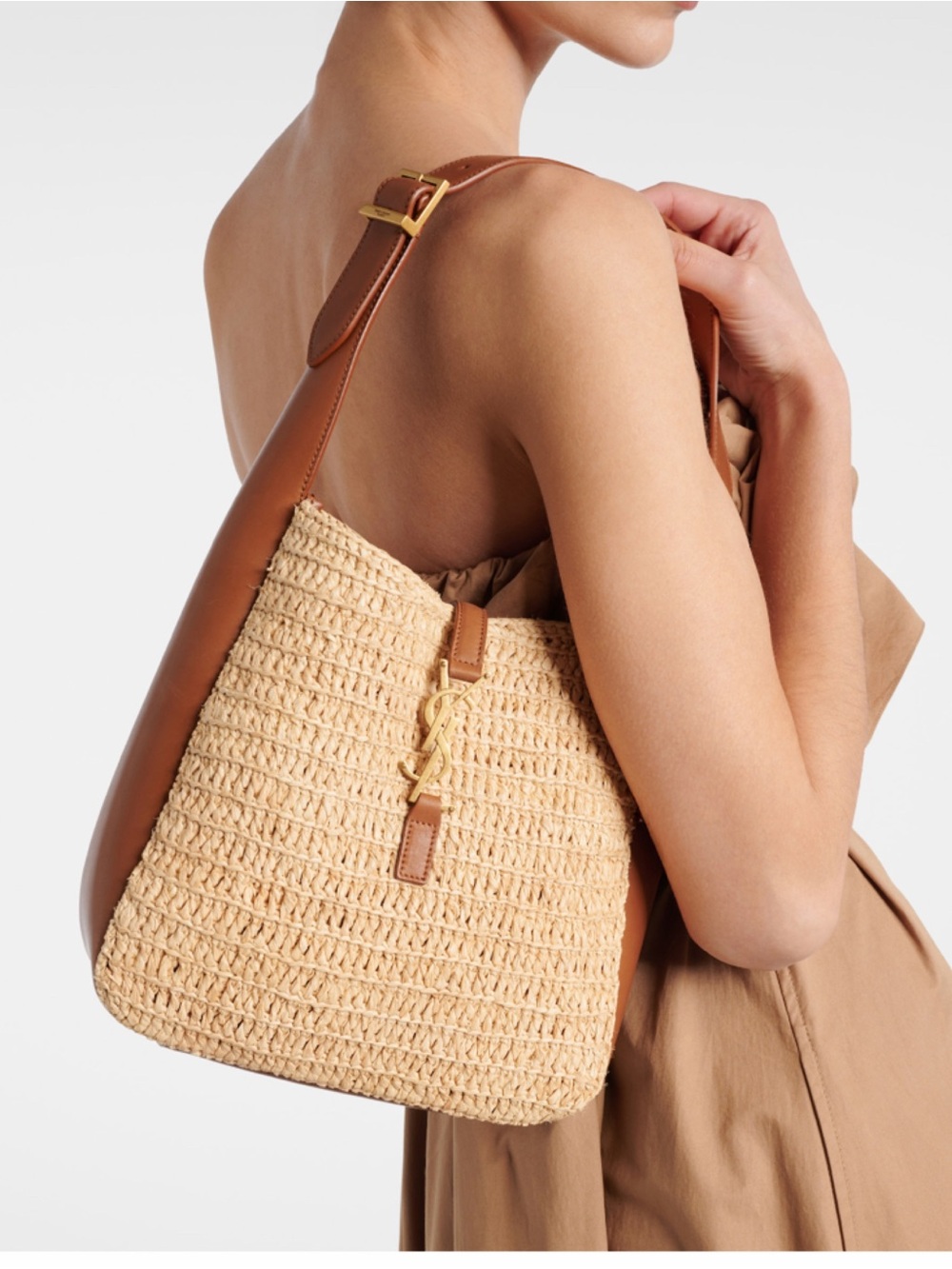 SAINT LAURENT Le 5 A 7 small leather and raffia hobo shoulder bag - Picture 2 of 9